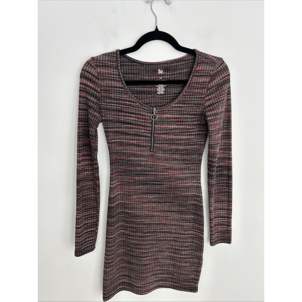 Women's XS‎ Long Sleeve Front Zipper Black Maroon Beige Knit Dress Minimalist